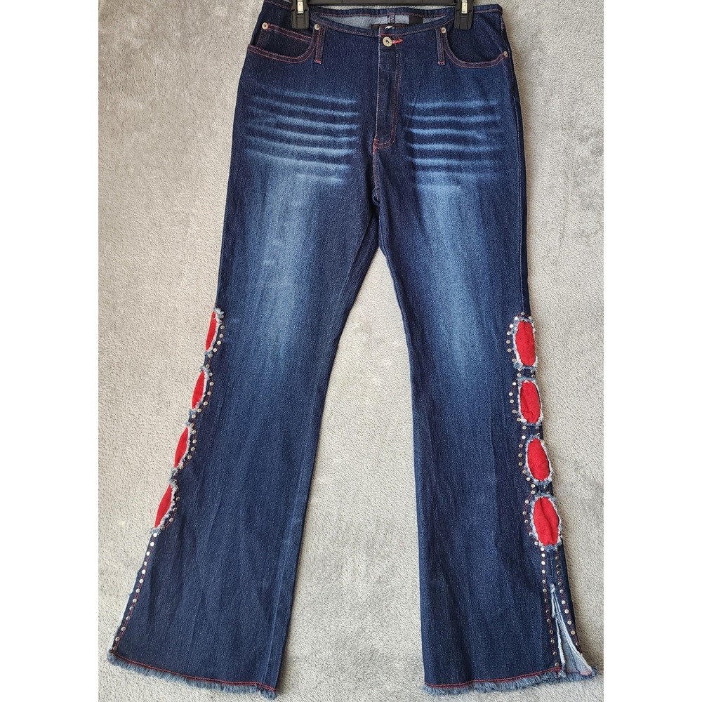 Lazer Jeans Womens 13 Blue Red Cutout Studded Flare Y2K Frayed Slit Hem Pants